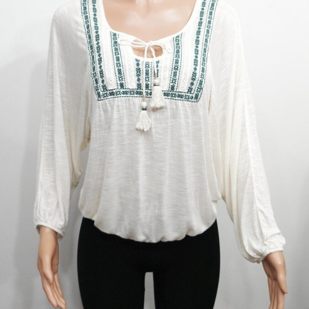 American Rag White Blouse with Green Embroidery